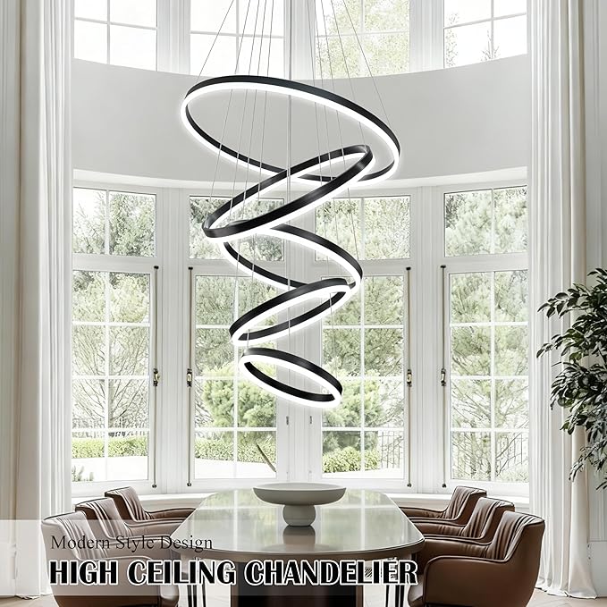 5 Rings Pendant Lights Modern Black Led Chandelier Black Modern Led Pendant Light Dimmable Height Adjustable Chandeliers for Dining Room Bedroom Entryway Living Room Foyer (3000K-6000K)