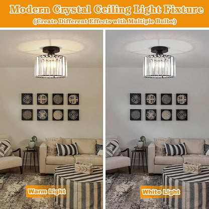 BUXVRCS Semi Flush Mount Modern Chandelier, Crystal Ceiling Light Fixture, Small Close to Ceiling Light for Living Room, Bedroom, Hallway, Bathroom, Kitchen, Entryway with E26 Base (Black)