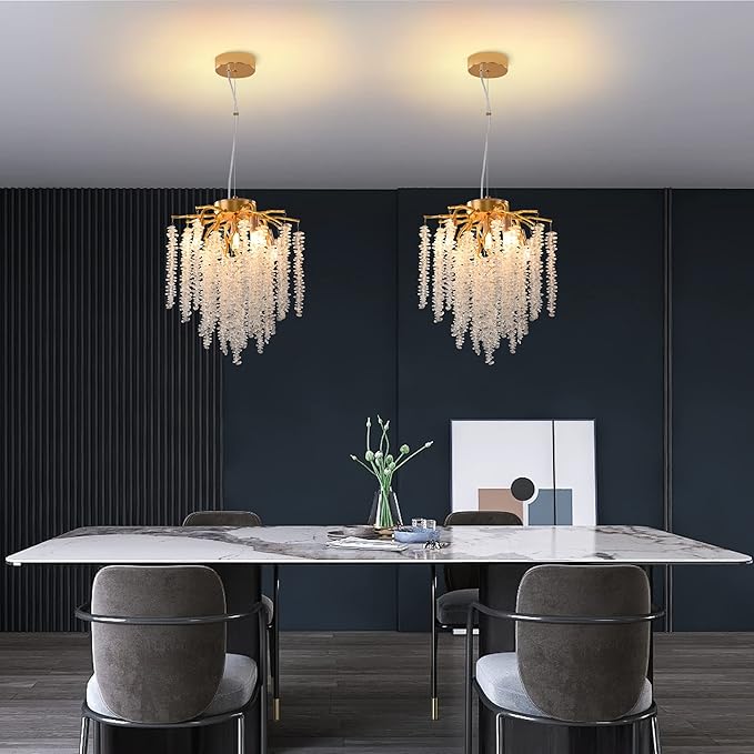 Modern Tree Branch Chandelier, D11.8'' Gold Crystal Raindrop Indoor Hanging Pendant Light Fixture for Dining Room Kitchen Island Bedroom 5 Lights