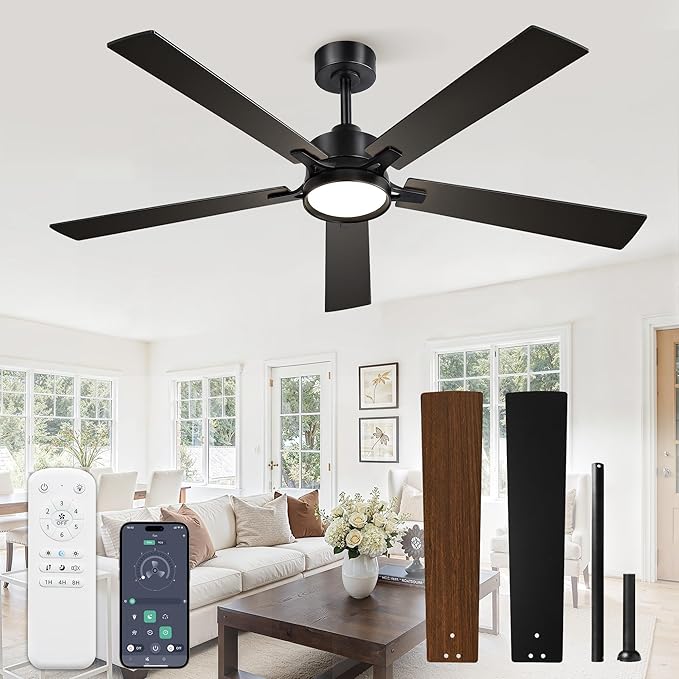 60 Inch Ceiling Fan with Lights and Remote, Smart APP Control, Dimmable with All-Setting Memory, Quiet DC Motor Reversible Blades, Damp Rated Modern Ceiling Fan for Bedroom Patio Living Room