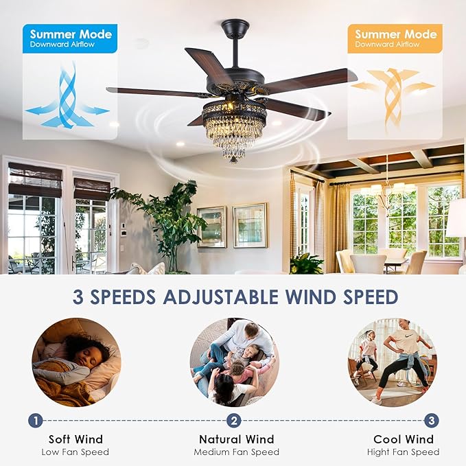 Asyko Crystal Ceiling Fan Fandelier with Lights - Modern Black Chandelier Fans with Remote Control，Noiseless AC Motor, Retro/Farmhouse Lighting, Dining Room， Living Room (52"