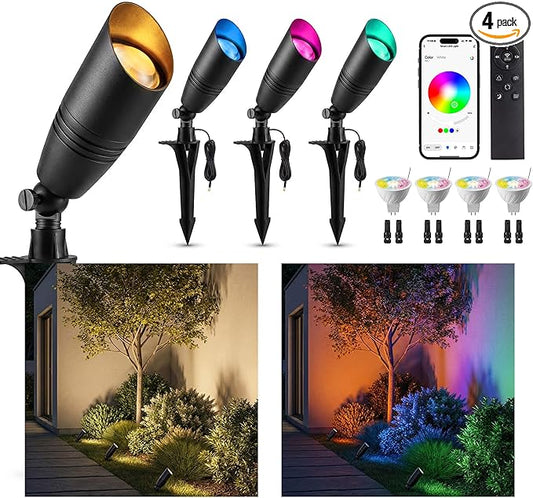 Smart RGBCW Low Voltage Landscape Lighting for Tree, 12v Outdoor Color Changing Spotlights, App & Remote Control, Replaceable Bulb, IP65 Waterproof, Transformer and Wire Not Included, 4 Pack