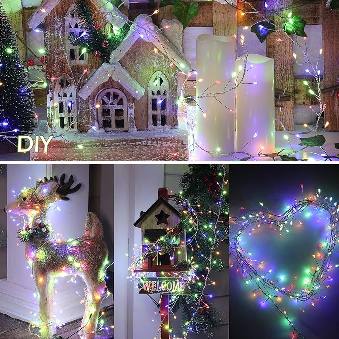 Minetom Fairy Lights Plug in, 10Feet 200LED Cluster String Lights, Silver Wire Waterproof Starry Firecracker Lights for Ceiling Bedroom Wreath Window Wedding Christmas Tree Decorations, Multicolor