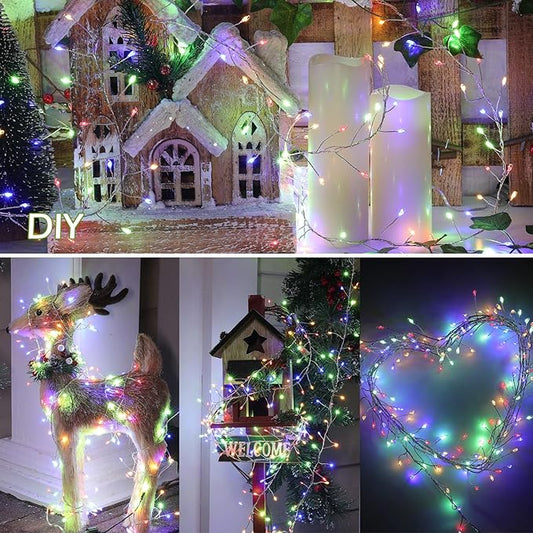 Minetom Fairy Lights Plug in, 10Feet 200LED Cluster String Lights, Silver Wire Waterproof Starry Firecracker Lights for Ceiling Bedroom Wreath Window Wedding Christmas Tree Decorations, Multicolor