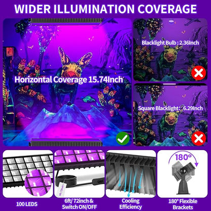 6 Pack 120W LED Black Lights, Blacklight Bar Light Up to 5000ft² Area with Switch+Plug+6ft Cable, Glow Party Light Supply for Halloween, Fluorescent Poster, Body Paint, Birthday, Bedroom, Classroom