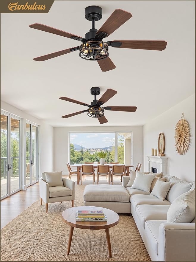 Fanbulous 2 Pack 42 Inch Rustic Caged Ceiling Fan with Lights, Black Farmhouse Ceiling Fans for Bedroom Living Room, Double-Sided 5 Blades Rustic Ceiling Fan