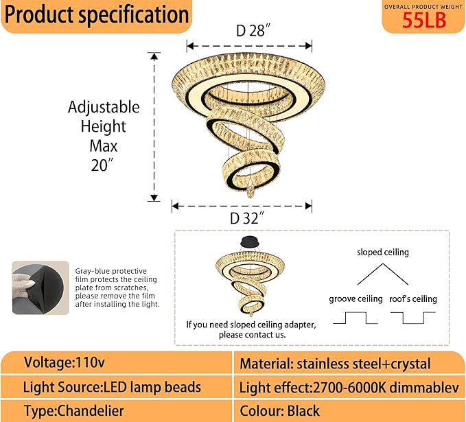 32 in Black LED Ring Chandelier, Crystal Ceiling Light for Living Room Flush Mount Chandelier Lighting Remote Dimmable, Compatible with Sloped Ceiling