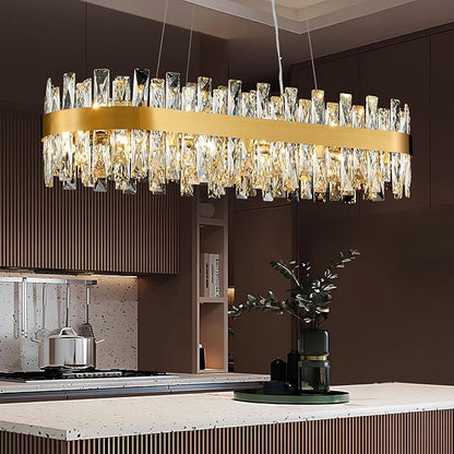 Modern Brass Gold Crystal Chandelier, Rectangle K9 Crystal Raindrop Chandelier Lights, Contemporary Ceiling Hanging Light Fixtures for Kitchen Island Dining Room, Length 35.4 inches