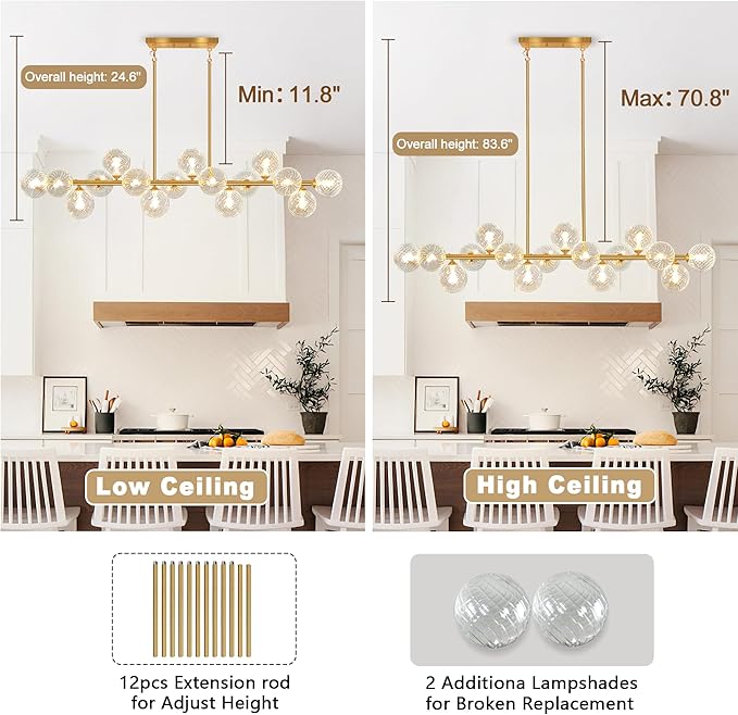 55" Linear Chandelier Swirled Glass Gold Sputnik Chandelier, Long Modern Chandeliers for Dining Room 16-Light Electroplated Brass Large Chandelier Long Dining Room Light Fixture Linear Island Lights