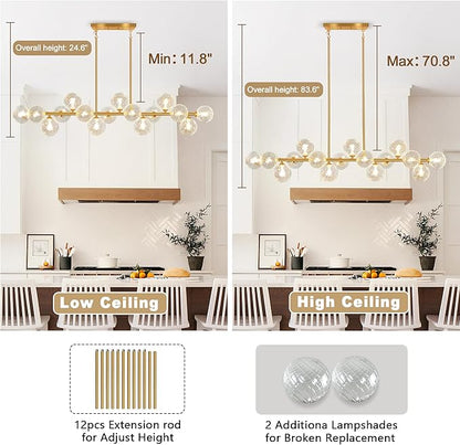 55" Linear Chandelier Swirled Glass Gold Sputnik Chandelier, Long Modern Chandeliers for Dining Room 16-Light Electroplated Brass Large Chandelier Long Dining Room Light Fixture Linear Island Lights