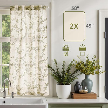 jinchan Floral Kitchen Curtains 45 Inch Linen Tier Curtains Farmhouse Cafe Half Window Drapes for Small Windows Light Filtering Sage Green on Beige for Living Room Bathroom Back Tab 2 Panels