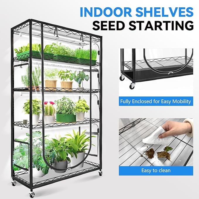 JESLED Indoor Greenhouse with Grow Light, 4FT Full Spectrum 5000K LED Light for Seed Starting, Tiered Lighting Control, Built-in Timer & Thermo-Hygrometer, Rolling Metal Plant Stand (47.2x13.8x70IN)