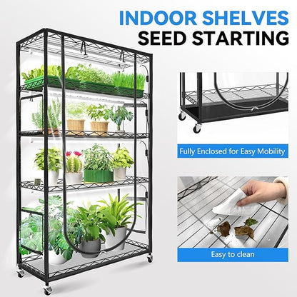 JESLED Indoor Greenhouse with Grow Light, 4FT Full Spectrum 5000K LED Light for Seed Starting, Tiered Lighting Control, Built-in Timer & Thermo-Hygrometer, Rolling Metal Plant Stand (47.2x13.8x70IN)