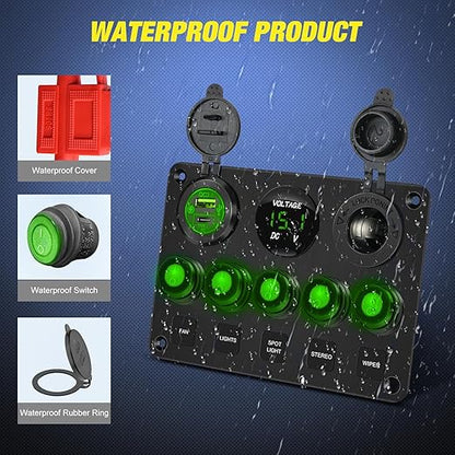 Nilight 5 Gang Multi Function Waterproof Switch Panel PD Type C and USB Socket Digital Voltmeter 12V Outlet Rocker with Inline Fuse for RVs Cars Boats Trucks Trailers Green