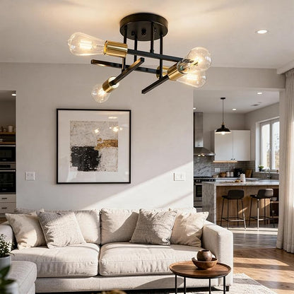 4-Light Sputnik Semi Flush Mount Ceiling Light, 5.9” Canopy, Modern Black and Gold Metal Chandelier, Close to Ceiling Light Fixture with E26 Base for Bedroom, Dining Room, Kitchen, Living Room