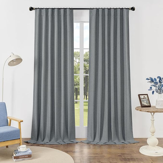 DUALIFE Linen Blackout Curtains 63 Inches Long, Back Tab Rod Pocket Hook Belt Sun Heat and Full Light Blocking Curtain Panels for Bedroom Living Room, 2 Panels, Dark Grey, W50 x L63
