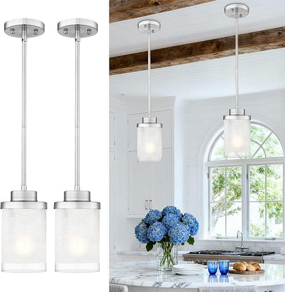 TENGXIN Modern Pendant Light for Kitchen Island, 6 Inch Brushed Nickel Hanging Ceiling Light Fixture,Farmhouse Pendant Lighting for Dining Room Bedroom Bar Office 2Pack,TXPLBN01-2PK-L