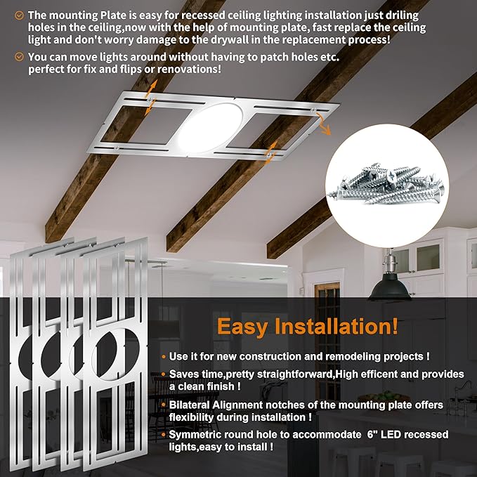 New Construction Mounting Plate, 6 Inch, LED Recessed Lighting Housing Kits, Flat Steel Rough in Bracket Fixture for LED Light Bar, 12PC Shallow Recessed Lighting Housing Plate