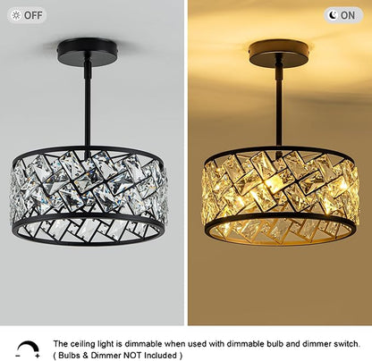 Rpzloila 3-Light Crystal Ceiling Light Fixture, Modern Semi Flush Mount Ceiling Light, Black Crystal Chandelier for Kitchen Bedroom Bathroom Entryway Hallway