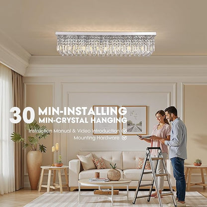 Modern Crystal Chandeliers for Dining Room Light Fixture, 8-Light Rectangle Chandelier Ceiling Light for Kitchen Island Living Room, L39.4 Inch, Chrome Finish