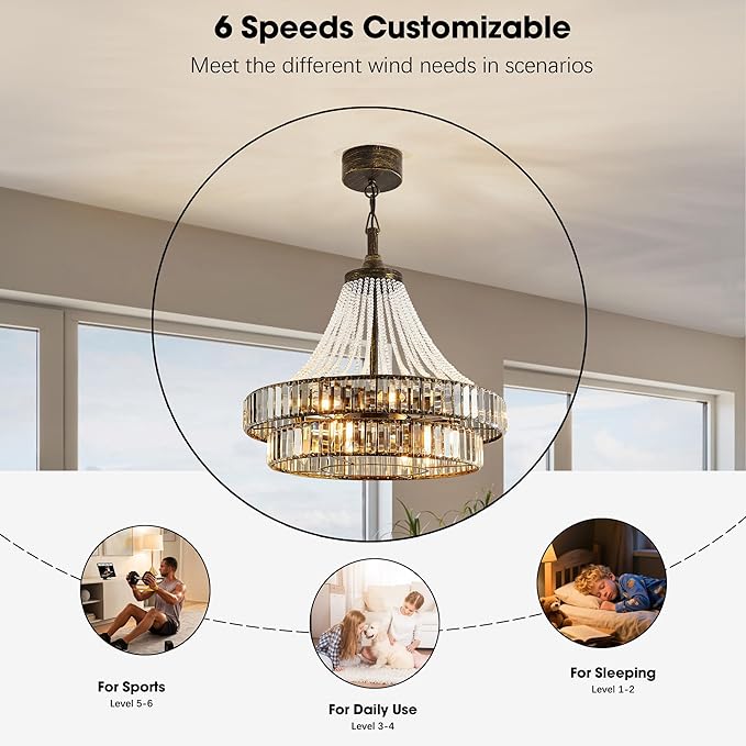 24“ Retro Crystal Chandelier Ceiling Fan with Lights, Remote & App Control, 6-Speed Reversible Large Fandelier, Double Layer Design for Bedroom, Living Room (Black Gold)