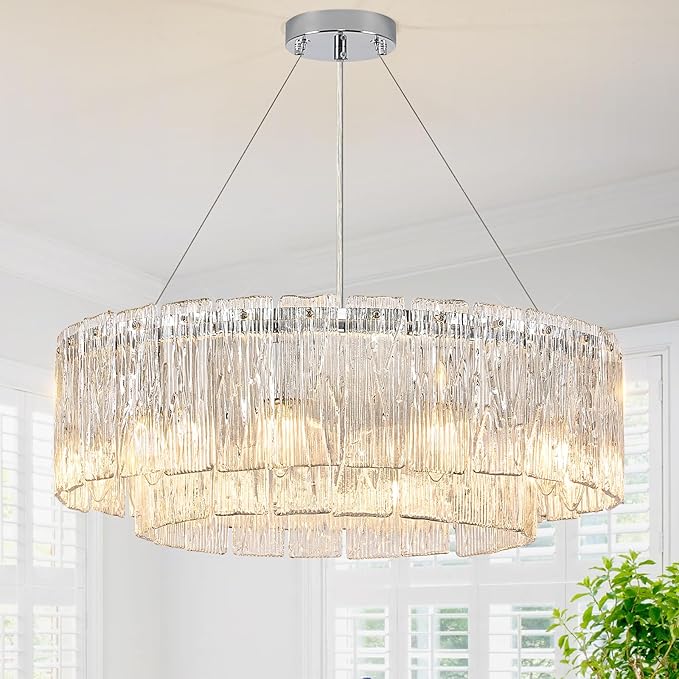 Modern 24” Chrome Chandeliers 10-Light Crystal Glass Round Chandelier Luxury Drum Ceiling Pendant Light Fixtures 2 Tiers Hanging Lighting for Dining Room Foyer Living Room Bedroom