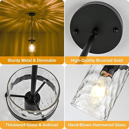 3 Pack Black Pendant Lights Kitchen Island, Hammered Glass Pendant Lighting Over Island, Kitchen Hanging Light Fixtures Pendant Light Over Sink for Kitchen Entryway Foyer Dining Room