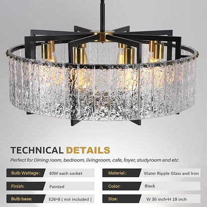 Modern Crystal Chandelier Black, 8-Light Modern Glass Pendant,Crystal Dining Room Light Fixture for High Ceiling Foyer | Large Kitchen Island | Sloped Ceiling Entryway | 30 Inches