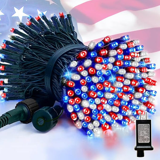 LAMPHOME Red White and Blue Patriotic String Lights, 66ft 200 LED Fairy Lights Plug in, 16 Modes 4th of July Lights Outdoor Waterproof for Independence Day Memorial Day Patriotic Window Decor