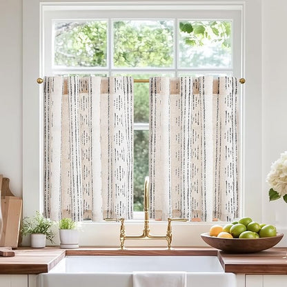 jinchan Boho Kitchen Curtains Linen Cafe Tier Curtains 24 Inch Bohemian Geometric Striped Mudcloth Small Window Drapes for Living Room Bathroom Cabinet Light Filtering Back Tab 2 Panels Black on Flax