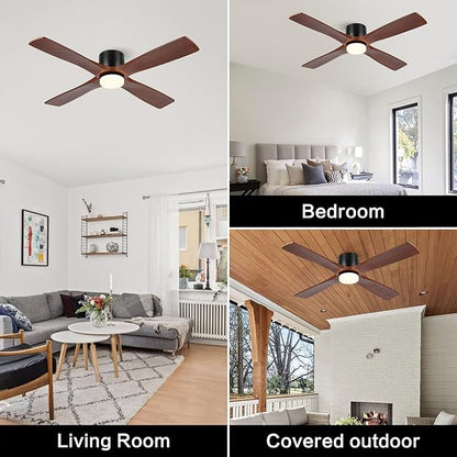 WINGBO 54 Inch Flush Mount DC Ceiling Fan with Lights and Remote, 4 Reversible Carved Wood Blades, 6-Speed Noiseless DC Motor, Hugger Ceiling Fan in Matte Black Finish with Walnut Blades