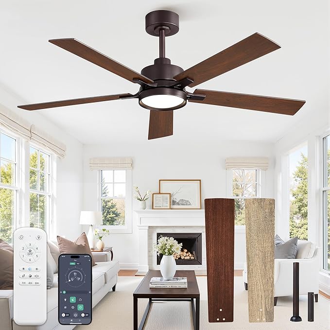 52 Inch Ceiling Fan with Lights and Remote, Smart APP Control, Dimmable with All-Setting Memory, Quiet DC Motor Reversible Blades, Damp Rated Modern Ceiling Fan for Bedroom Patio Living Room