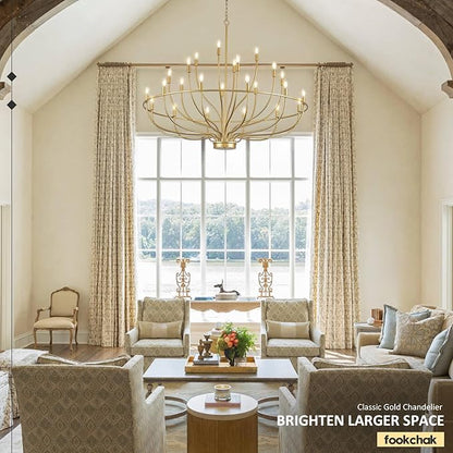 24 Light Gold Chandelier 51'' Large Candle Chandeliers for High Ceiling Foyer Brushed Brass Gold Chandelier Light Fixture for Large Living Room Dining Room Stairs Entry Restaurant Hotel