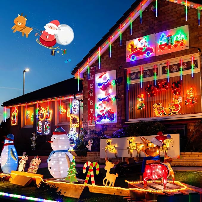JMEXSUSS 2 Pack Solar Meteor Shower Lights, 16 Tube 288 LED Multicolor Meteor Christmas Lights, Solar Christmas Lights Outdoor Waterproof for Tree Christmas Decorations