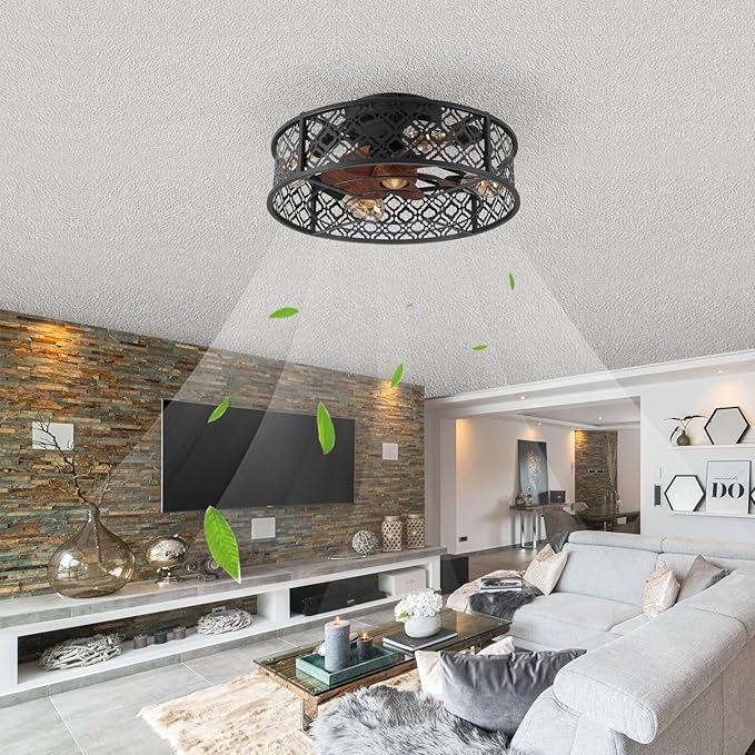 20" Caged Ceiling Fans with Lights Flush Mount Ceiling Fan with Remote,Small Black Low Profile Bladeless Ceiling Fan Light Fixture for Bedroom, Kitchen, Dining Room 4 bulbs Included,6 Speeds