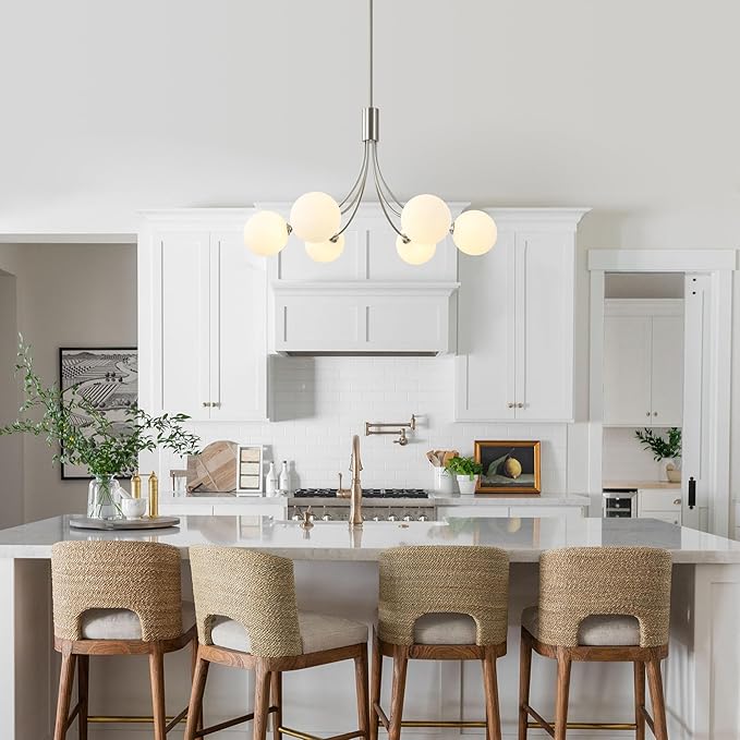 CNRATYE 6-Light Brushed Nickel Chandelier, Modern Dining Room Light Fixture Hanging, Sputnik Chandelier for Living Room Kitchen Island Bedroom Entryway, Milk White Globe Glass Shade