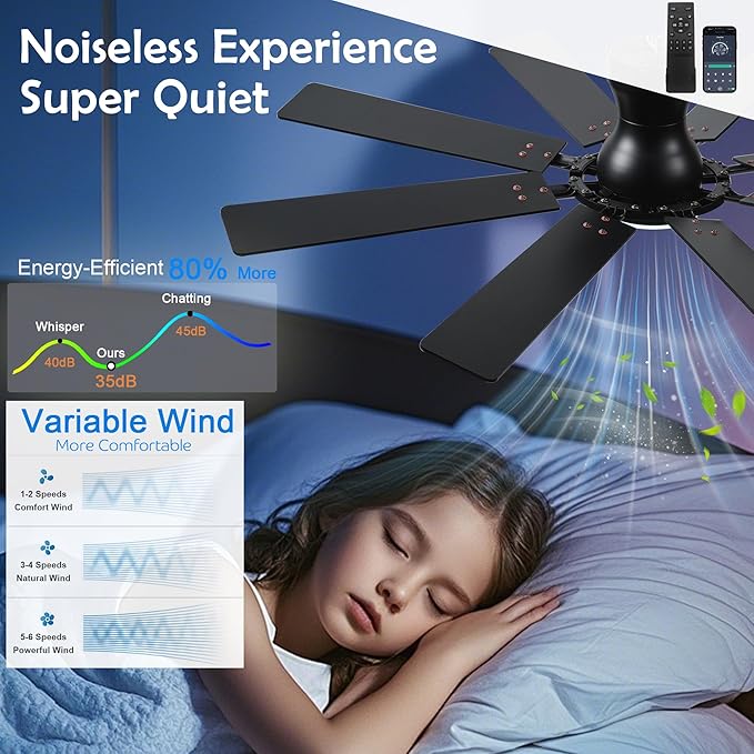 Ceiling Fans with Lights, 54 inch Low Profile Ceiling Fan with Light and Remote Control, Flush Mount Ceiling Fan for Bedroom, Living Room, Reversible, 3CCT, Dimmable, Noiseless DC Motor, Brown