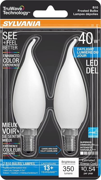 Sylvania LED TruWave Natural Series Candelabra Base Light Bulb, 40W Daylight, Dimmable, Frosted, Candle Tip - 2 Pack