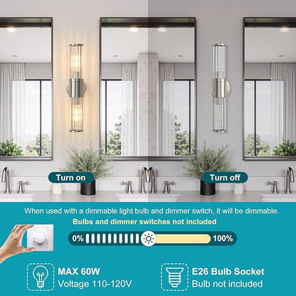Brushed Nickel Wall Sconce Bathroom Vanity Light Fixtures for Mirror, Modern Wall Light with Glass Rod Shade for Bathroom, Bedroom, Hallway, Living Room - Bulb Not Included