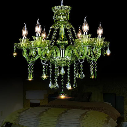 Bagood 6 Lights Green K9 Crystal Candle Chandeliers Lighting Modern Pendant Lights Ceiling Fixture Lamp for Dining Living Room Bedroom Hallway Entry Elegant Decoration E12 Base, H20.5 x W23.6 Inch