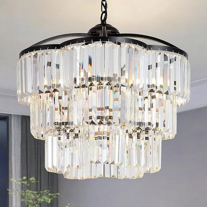 Black Crystal Chandelier - 3 Tiered Adjustable Modern Pendant Light for Dining Room Foyer Living Room Bedroom Kitchen Entryway (6 Lights)