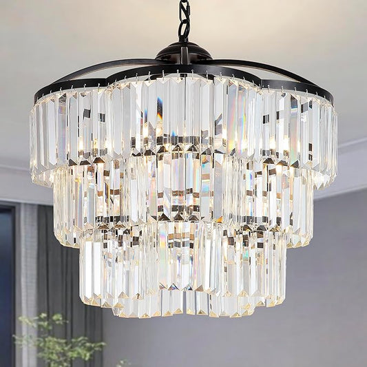 Black Crystal Chandelier - 3 Tiered Adjustable Modern Pendant Light for Dining Room Foyer Living Room Bedroom Kitchen Entryway (6 Lights)