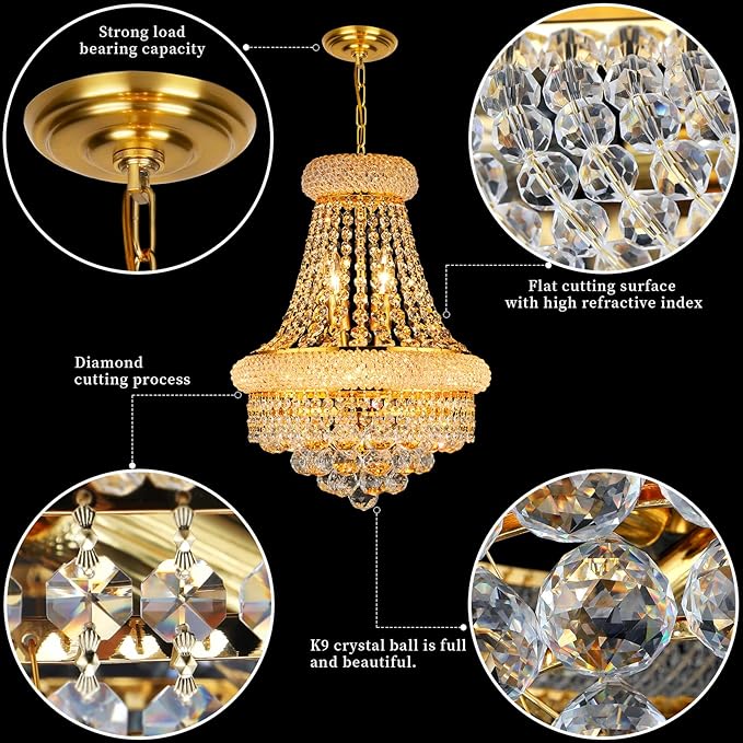 Crystal Chandeliers for Dining Room Light Fixtures Over Table, Empire Style K9 Crystal Chandelier for Living Room, 6 Lights Gold Luxury Lighting Fixtures for Bedroom Kitchen Island Entryway D15 Inch