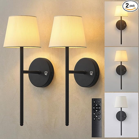Battery Operated Wall Sconce Set of 2, Small LED Rechargeable Wall Lights with Remote, 5200mAh Dimmable Fabric Shade Cordless Wall Lamp for Bedside, Bedroom, Hallway, Living Room, Gifts (Black)