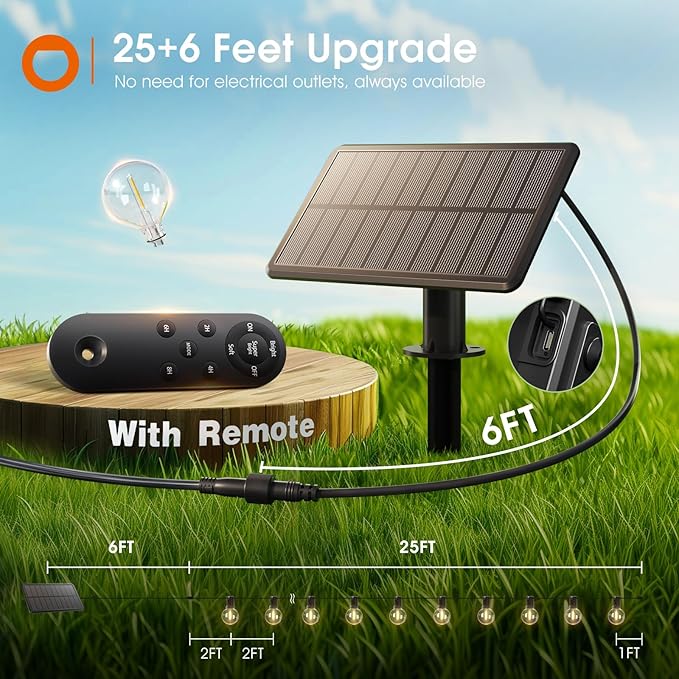 addlon 31FT (25+6) Solar String Lights with Remote, 13 Shatterproof G40 Bulbs, Solar Powered & USB Charging Patio Lights, Dimmable Waterproof Solar Light Outdoor for Camping Porch Backyard Party Decor