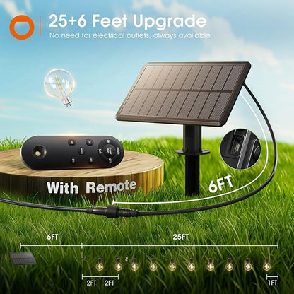 addlon 31FT (25+6) Solar String Lights with Remote, 13 Shatterproof G40 Bulbs, Solar Powered & USB Charging Patio Lights, Dimmable Waterproof Solar Light Outdoor for Camping Porch Backyard Party Decor