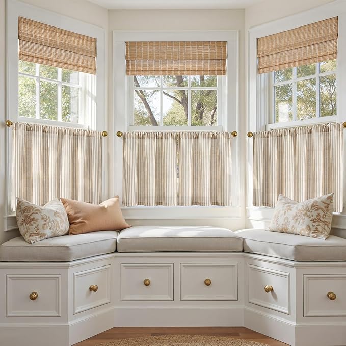 jinchan Striped Linen Kitchen Curtains 20 Inches Length Tier Curtains Farmhouse Modern Cafe Style Small Window Treatments Airy Light Filtering Rod Pocket for Living Room Bathroom 2 Panels Tan