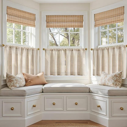 jinchan Striped Linen Kitchen Curtains 20 Inches Length Tier Curtains Farmhouse Modern Cafe Style Small Window Treatments Airy Light Filtering Rod Pocket for Living Room Bathroom 2 Panels Tan