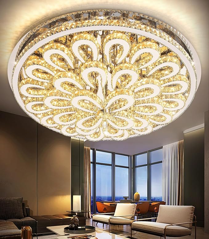 47'' Modern Crystal Chandeliers for Living Room Large Chandelier Ceiling Light Fixture LED Dimmable with Remote Flush Mount Lighting for Dining Room Bedroom Silver