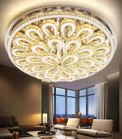 47'' Modern Crystal Chandeliers for Living Room Large Chandelier Ceiling Light Fixture LED Dimmable with Remote Flush Mount Lighting for Dining Room Bedroom Silver